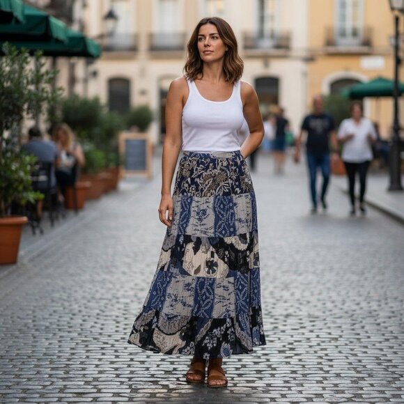 Elementz Blue Patchwork Krinkle Peasant/Boho Style Flowy Skirt - Picture 3 of 10